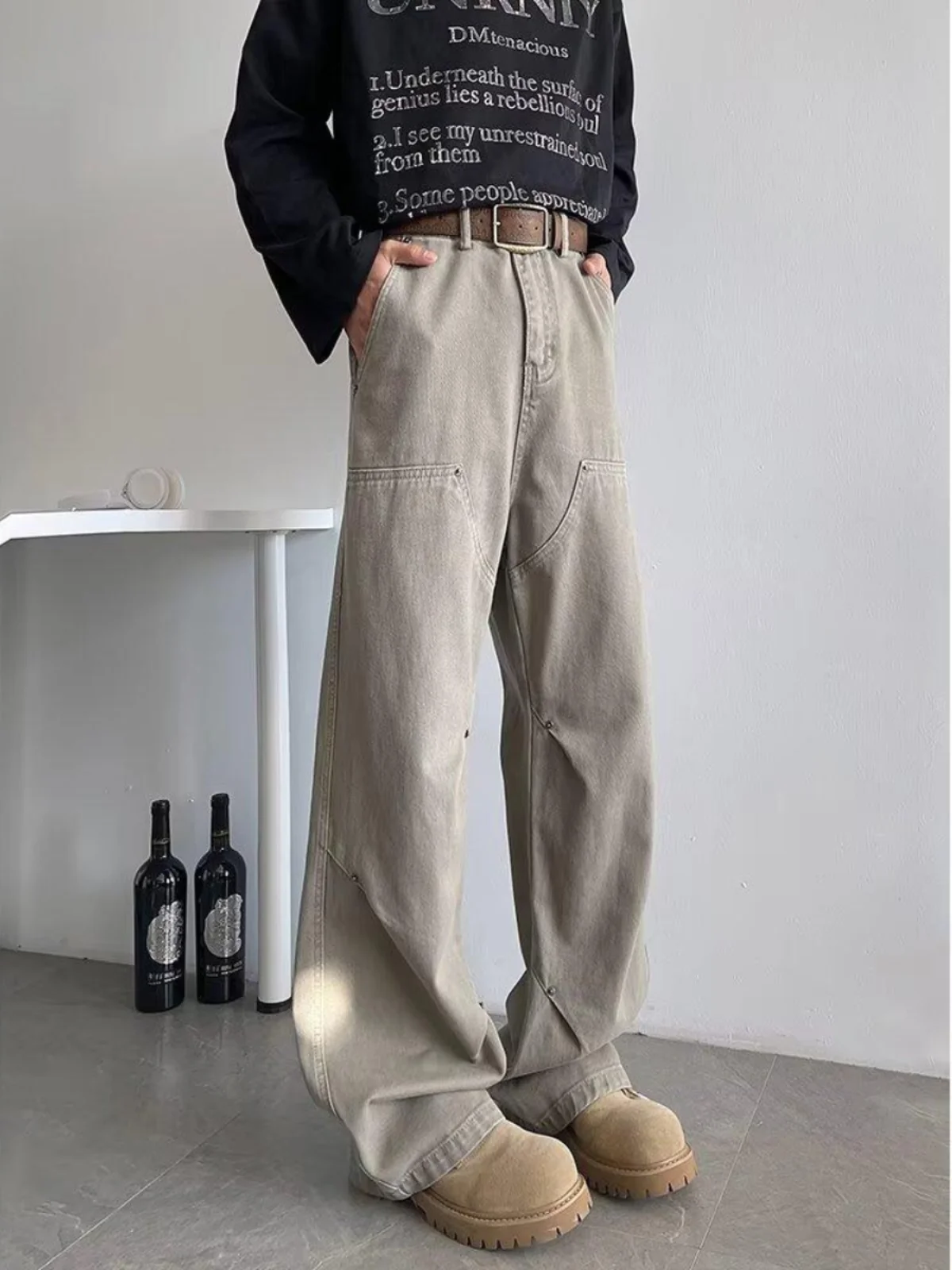 

Retro American Waed Wooutting Men's Jeans Casual Straight Leg Loose Fit Cool Leisure Long Pants Youth Trend Spring Autumn