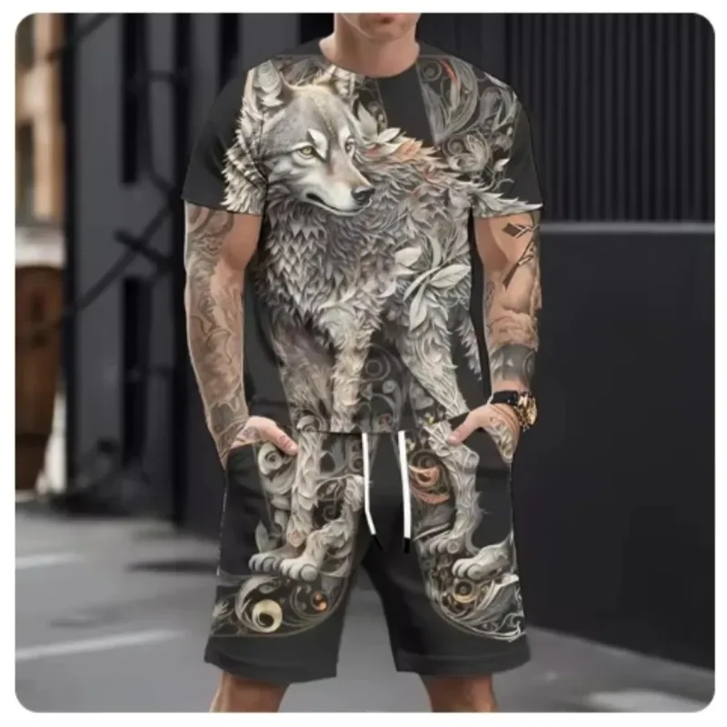 2025 hot selling refreshing style summer casual breathable ultra loose men's top men's casual 3D printed wolf pattern sports set