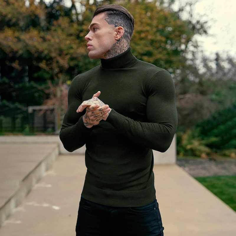 

Autumn Winter High Ne Long Sve Knitted Muscle irt Men's Slim Fit Casual Leisure Base Layer Fitn Sweater Pure Color