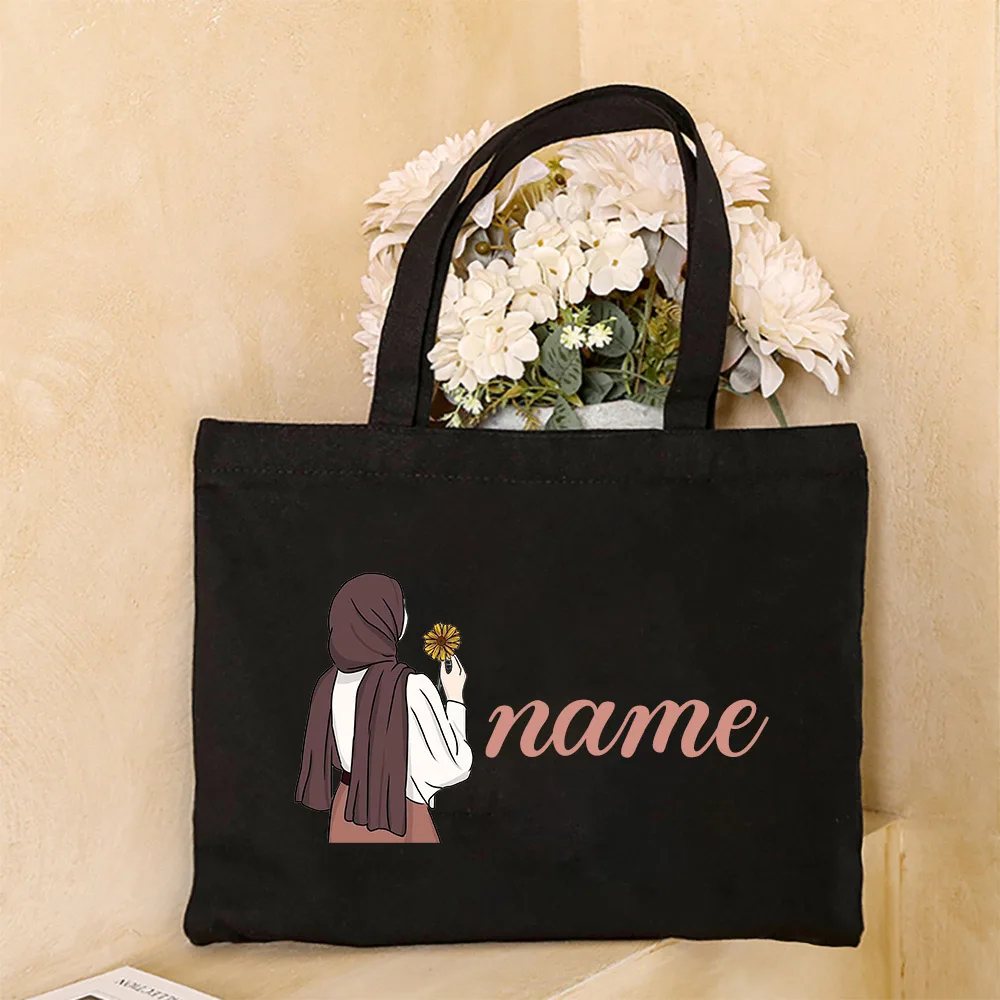 Personalised Hijabi Girl Tote Bag Female Travel Canvas Bags Muslim Girl Gift Custom Name Shoulder Bag Harajuku Handbag Eid Gifts