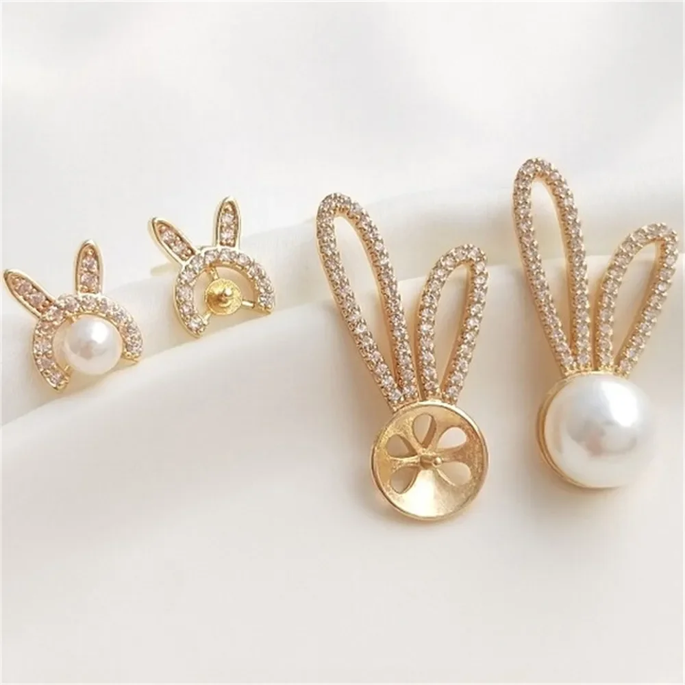 14K Gold Coated Zircon Small Rabbit Earrings 925 Silver Needle Rabbit Ears DIY Inlaid Half Hole Bead Earrings E086