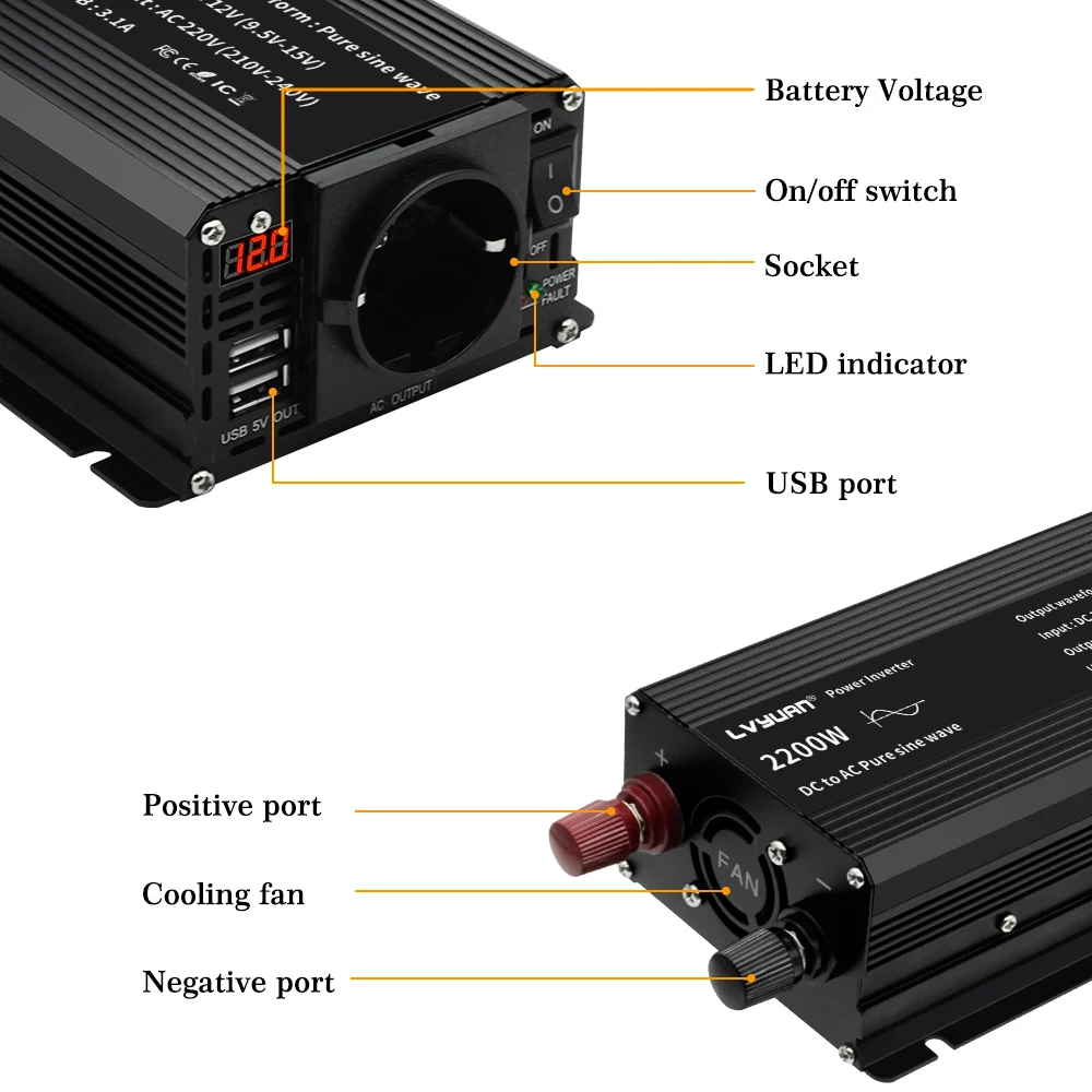 Inverter Pure Sine Wave 1500W/2000W/2600W/3000W Dc 12V to Ac 220V 230V Voltage Transmission Converter Charging Adapter Eu Socket 60Hz