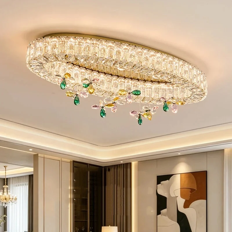 Luxury Round Crystal LED Ceiling Light Gold Frame Colorful Floral Crystal Flush Mount Ceiling Lamp for Bedroom Living Room Home