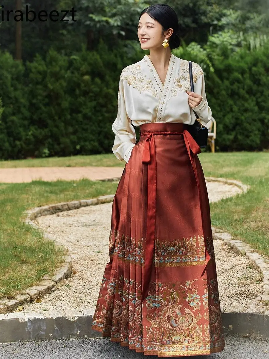 New Embroidered Satin Cross-collar Shirt Chinese Style Horse Face Skirt Hanfu Female Vêtements Traditionnels Chinois Femme