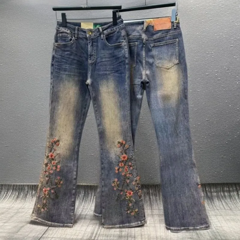 Autumn Winter New Collection Chubby Girl Fleece Embroidery Flower-patterned High-waisted Form-fitting Elastic Denim Flared Pants