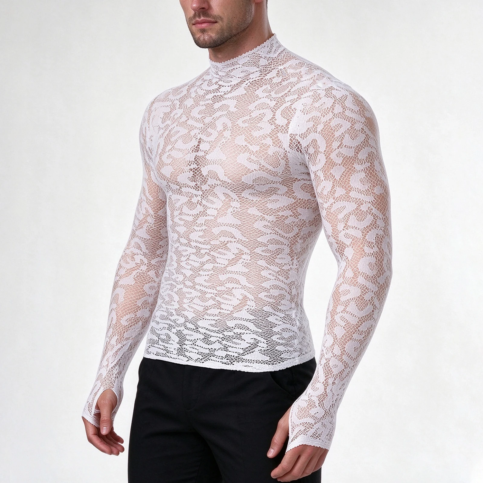 Sexy durchsichtiges Leoparden-T-Shirt, Netzstoff, langärmelig, Spitzen-Unterhemd, Herbst, Stehkragen-T-Shirt, transparente Oberteile mit Fingerbündchen – Detail 11