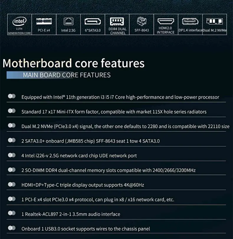 6-Bay Mini ITX Firewall Motherboard 11th Gen Intel I7 1165G7 I5 1135G7 I3 1115G4 2×M.2 NVMe DDR4 Server Router NAS Mainboard