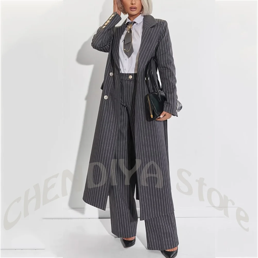 

Серый полосатый современный женский костюм: двубортный удлиненный пиджак и брюки с широкими штанинами, комплект из 2 предметов для офиса и повседневной носки