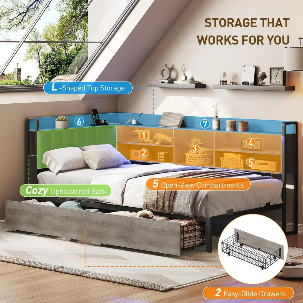 Bed Frame with Bookcase Storage and PU Upholstered, Twin Daybed with 2 Drawers and Charging Station, Metal Platform Bed F