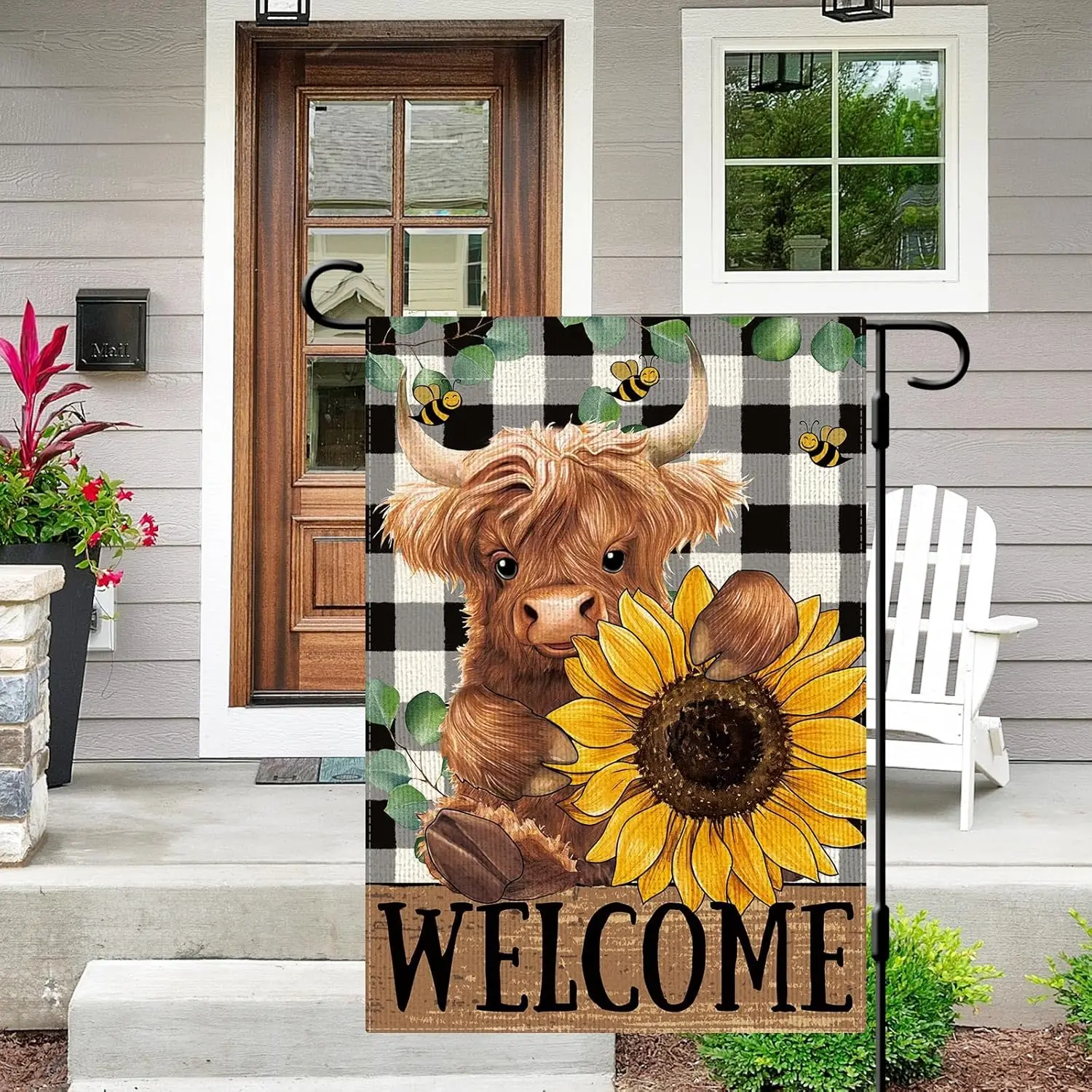 DLZDN Sunflower Highland Cow Bee Garden Flag 12×18 Inch Double Side Vertical Burlap Farmhouse Yard Sign Spring Summer Season MMZ