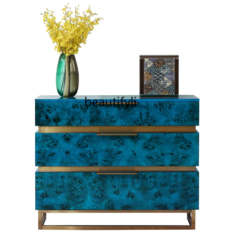 Italian style, peacock blue three-bucket cabinet, American living room entrance, corridor decoration, bedroom chest of drawers