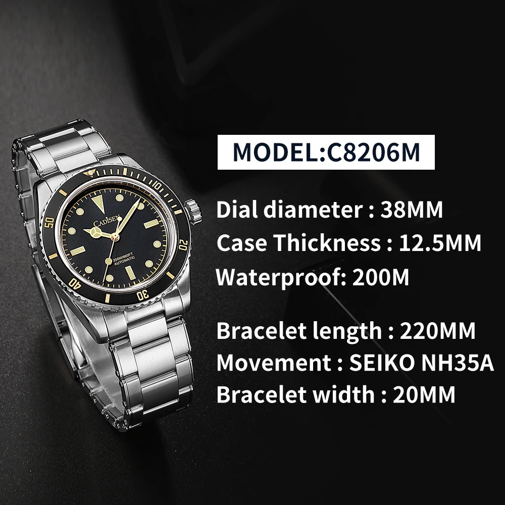 CADISEN Luxury Men Watch 38mm Diver Vintage Automatic Business Wristwatches NH35 Mechanical Sapphire 20 Bar Mens Retro Clock