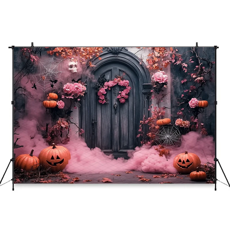 Mocsicka Halloween Photography Background Wood Door Pink Flowers Rose Bat Spider Web Autumn Pumpkin Party Decors Photo Backdrops