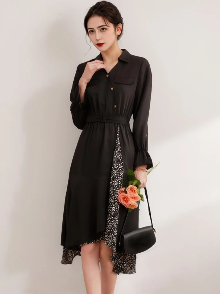 Outono preto retalhos floral babados midi vestido feminino manga longa gola polo camisa vestido 2025 coreano vintage hepburn vestidos