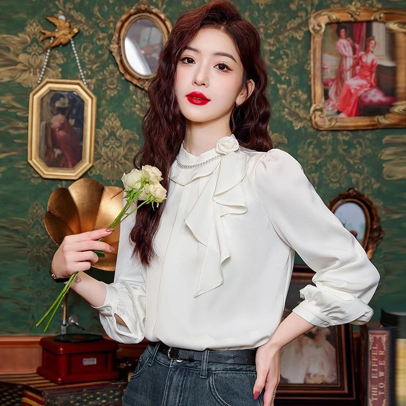

Spring Autumn 2026 Women Vintage Shirt French Style Long Sleeve Top with Ruffle Detail Elegant Casual Blouse
