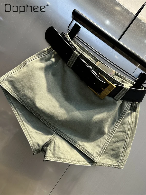 Retro Sweet Cool Style High Waist Loose Denim Skirt Pants Women Fashion Irregular Solid Color Slim Versatile Hot Pants Trend