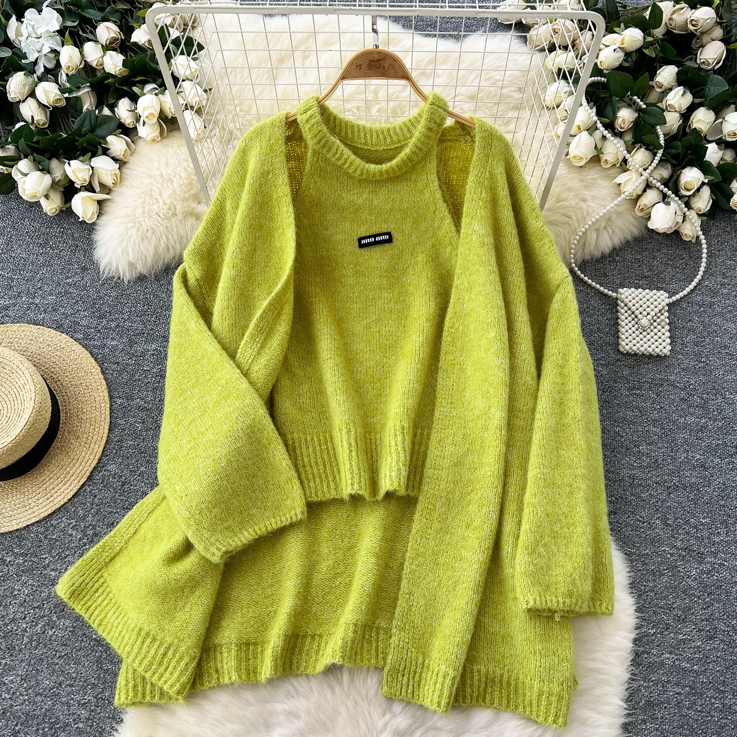 Chic Women Two-Piece Sets Basics Halter Sleeveless Vest Knitted Open Stitch Coat French Streetwear High Street Autumn Winter Top