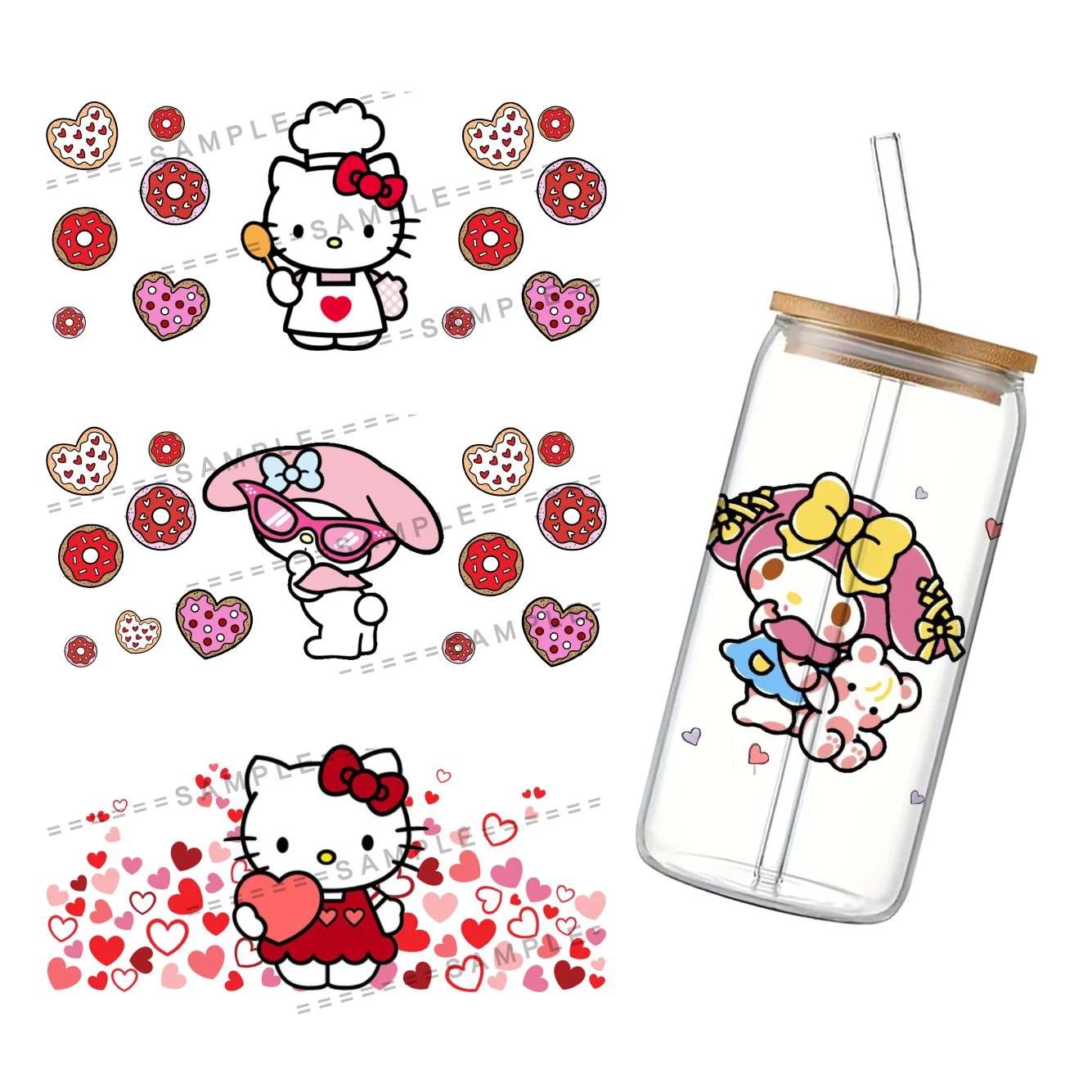 Sanrio Dessert 11X24cm Cup Wrap Sticker 16oz UV DTF Waterproof Wrap Sticker for Water Bottle