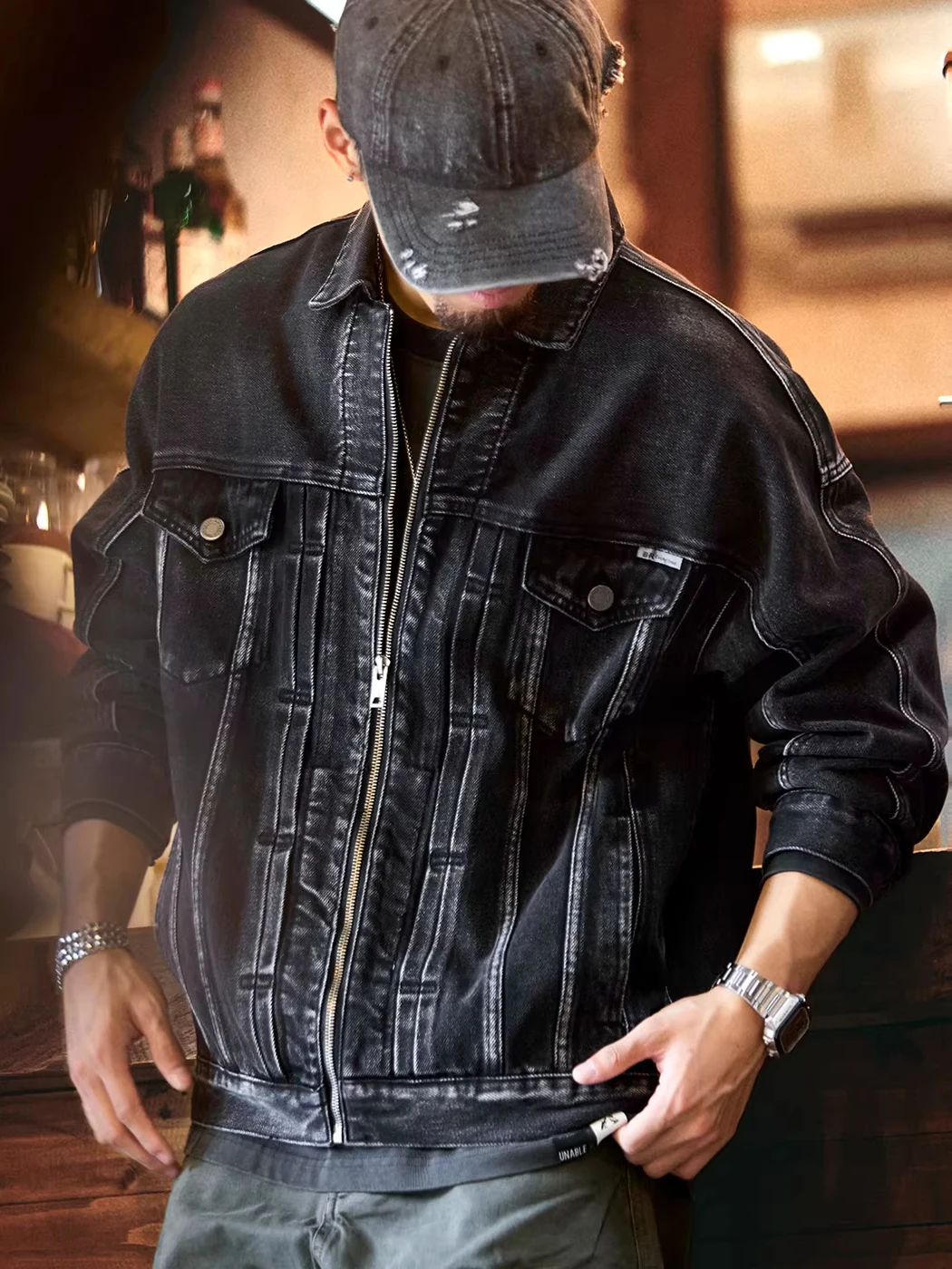 

Мужская джинсовая куртка большого размера, плотная, для работы, весна-осень, свободного кроя, в американском ретро-стиле, с отложным воротником, на молнии