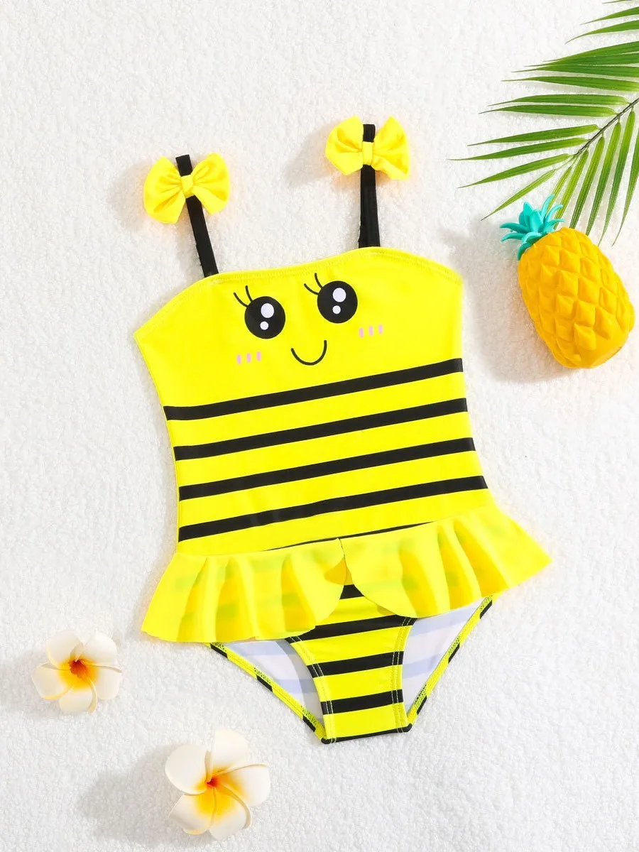 Girls Swimsuit Bee Print One Piece Bathing Suit Swimwear Toddler Beachwear Yellow Floral Swimsuit Kids Swimming Suit 80-110