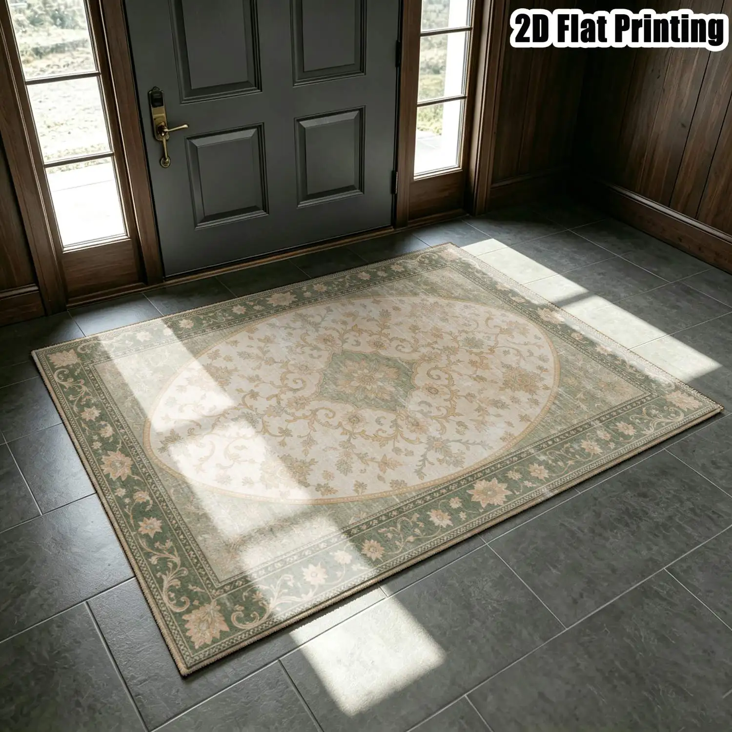 1Pc 2D Printed Carpet: Beige-Green Floral European Vintage Bohemian Geometric Floor Mat, Home Decor, Multi-Size, Machine-Washable, for Entrance, Dining Room, Foyer, Bedroom, Living Room