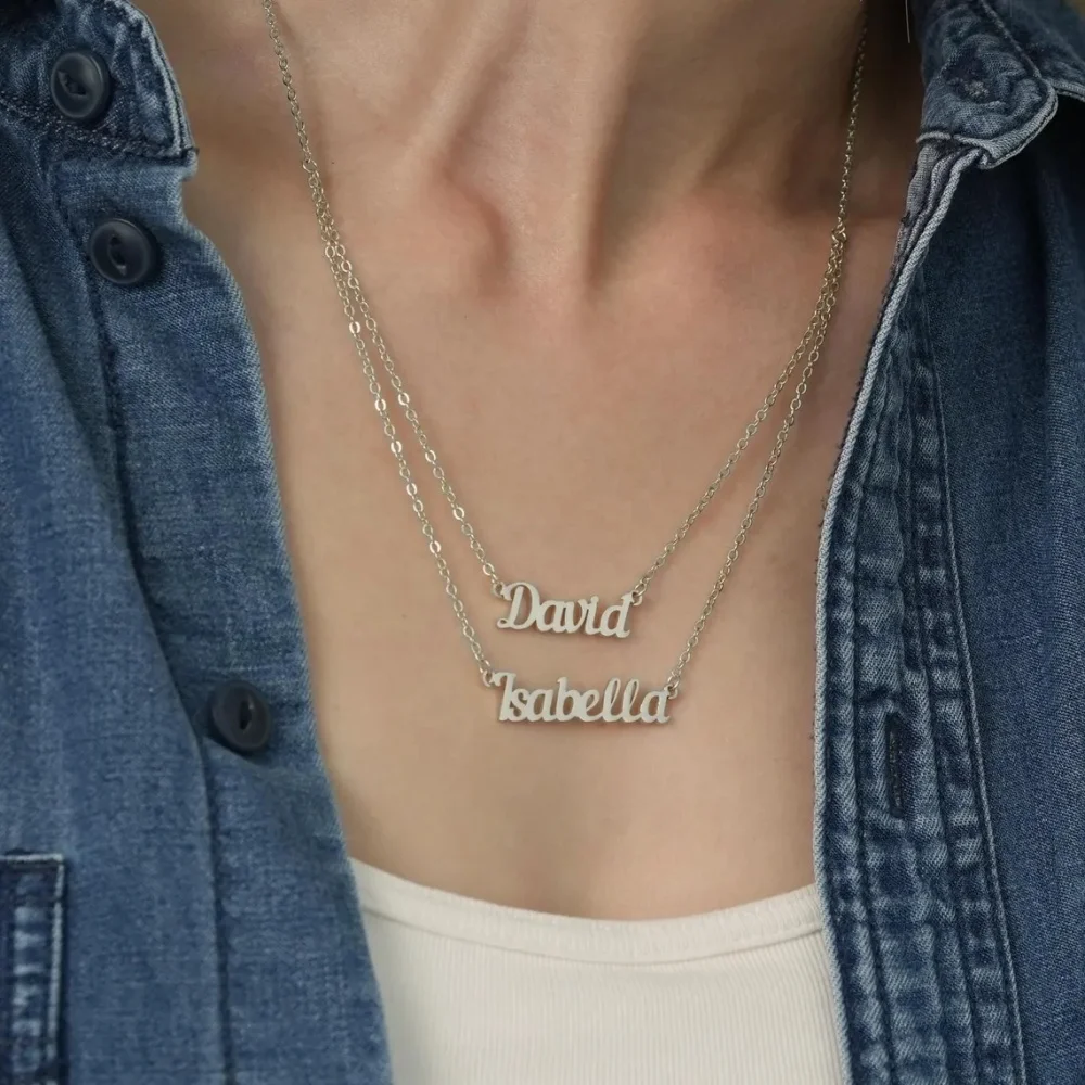 Custom Double Layered Chain Two Name Necklace Jewelry Stainless Steel Script Two Nameplate Pendant Necklace Best Gift For Women