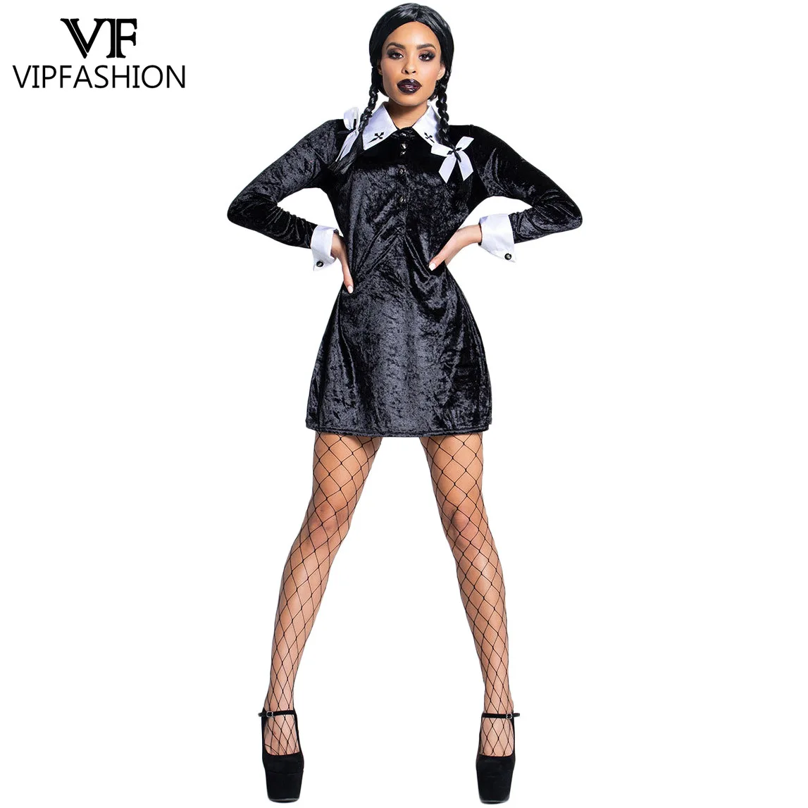 VIP FASHION المخملية الأربعاء. أدامز هالوين زي المرأة السوداء القرون الوسطى القوطية فستان مهرجان تنورة الحفلات الجزء الأوسط تأثيري الباروكات