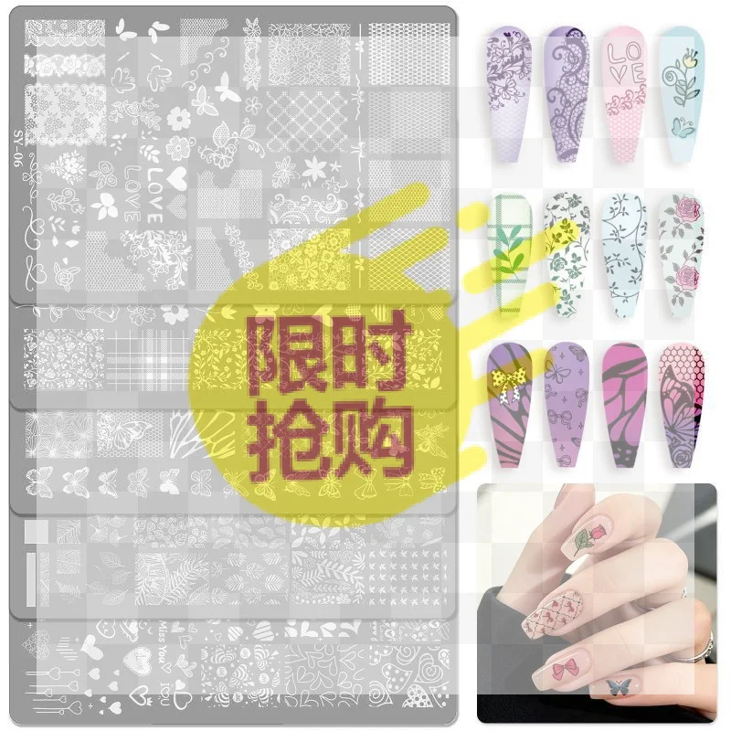 1 Sheet Etched Nail Art Stencil High-Precision Bow Flower Lace Checkered Nail Decal Sheets For Reusable Manicure Transfer Tool
