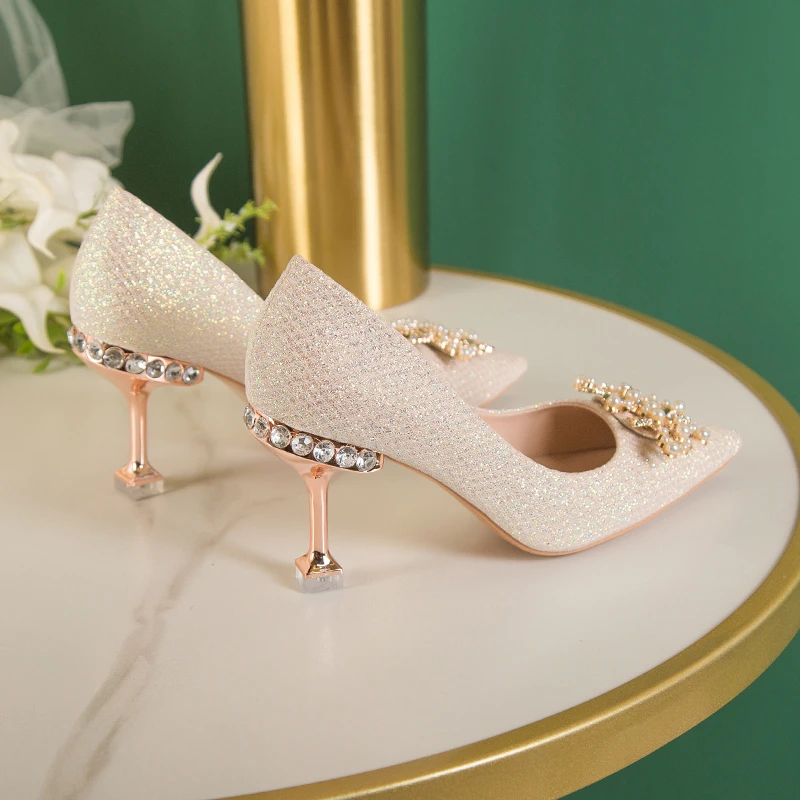 Spring Casual Wedding Bride Rhinestone Gold Fashion High Heels Metal Buckle Sexy Work Shoes 7cm Large Size Female Shoe High Heel