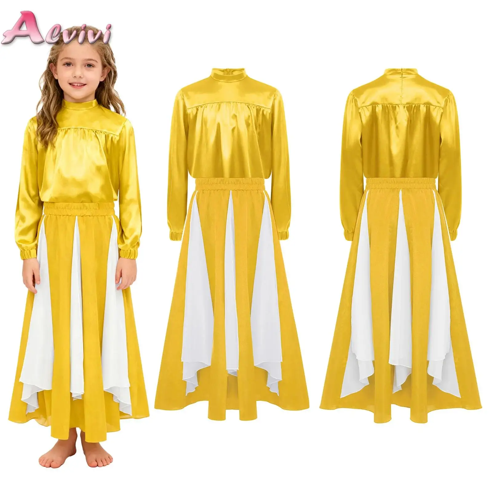 

Kids Girls Praise Liturgical Dance Dress Long Sleeve Worship Satin Top with Panel Skirt Church Choir Performance Waltz Dancewear
