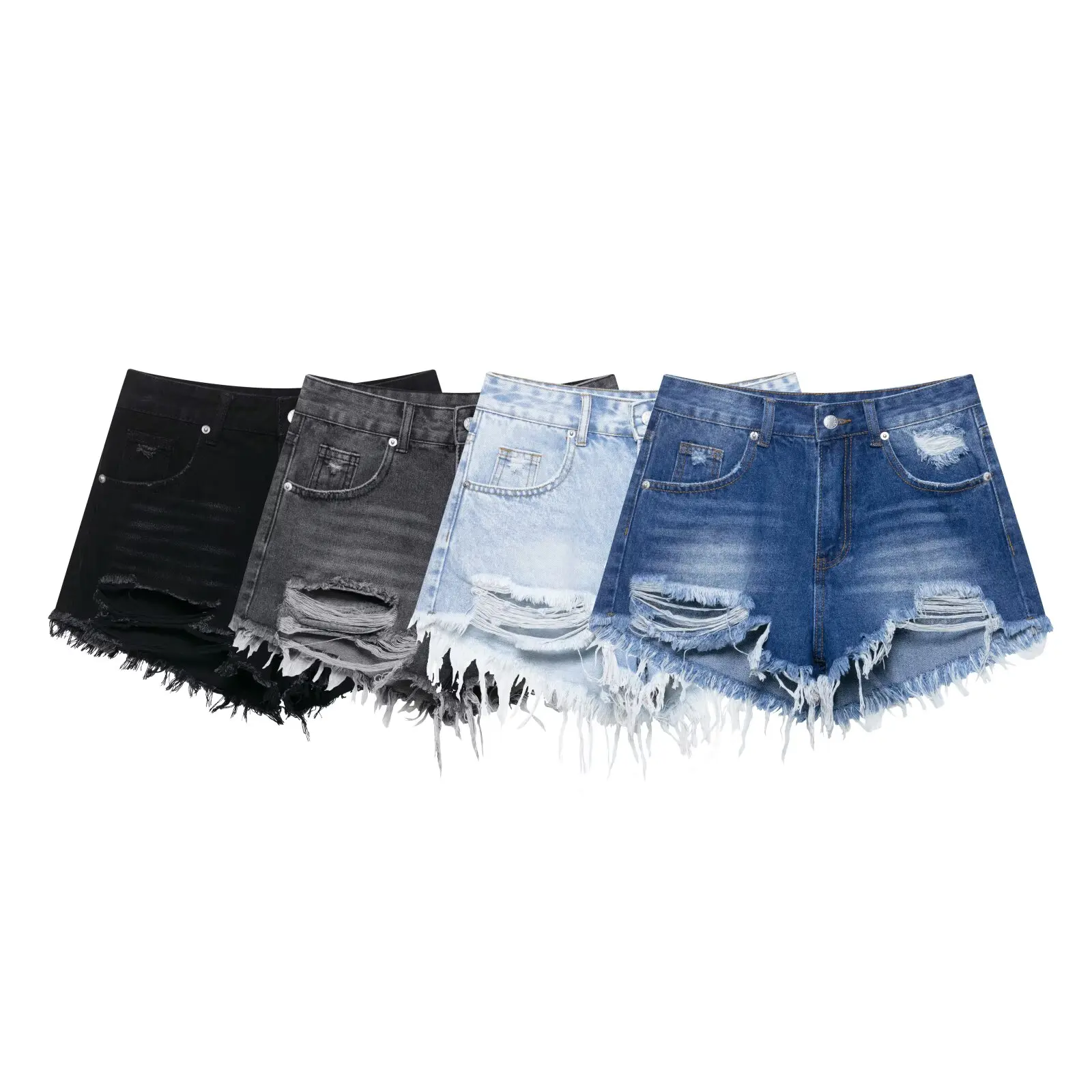 

Women's new fashion Broken hole decoration casual high waisted denim shorts retro side pocket women's shorts