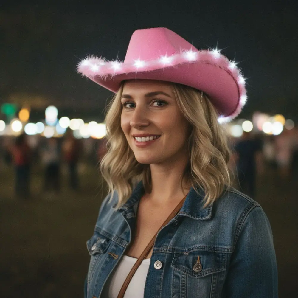 Fashion Feather Edge Led Cowboy Hat with LED Light Solid Color Light Up Cowgirl Hat Cowboy Bucket Hat Party view 4