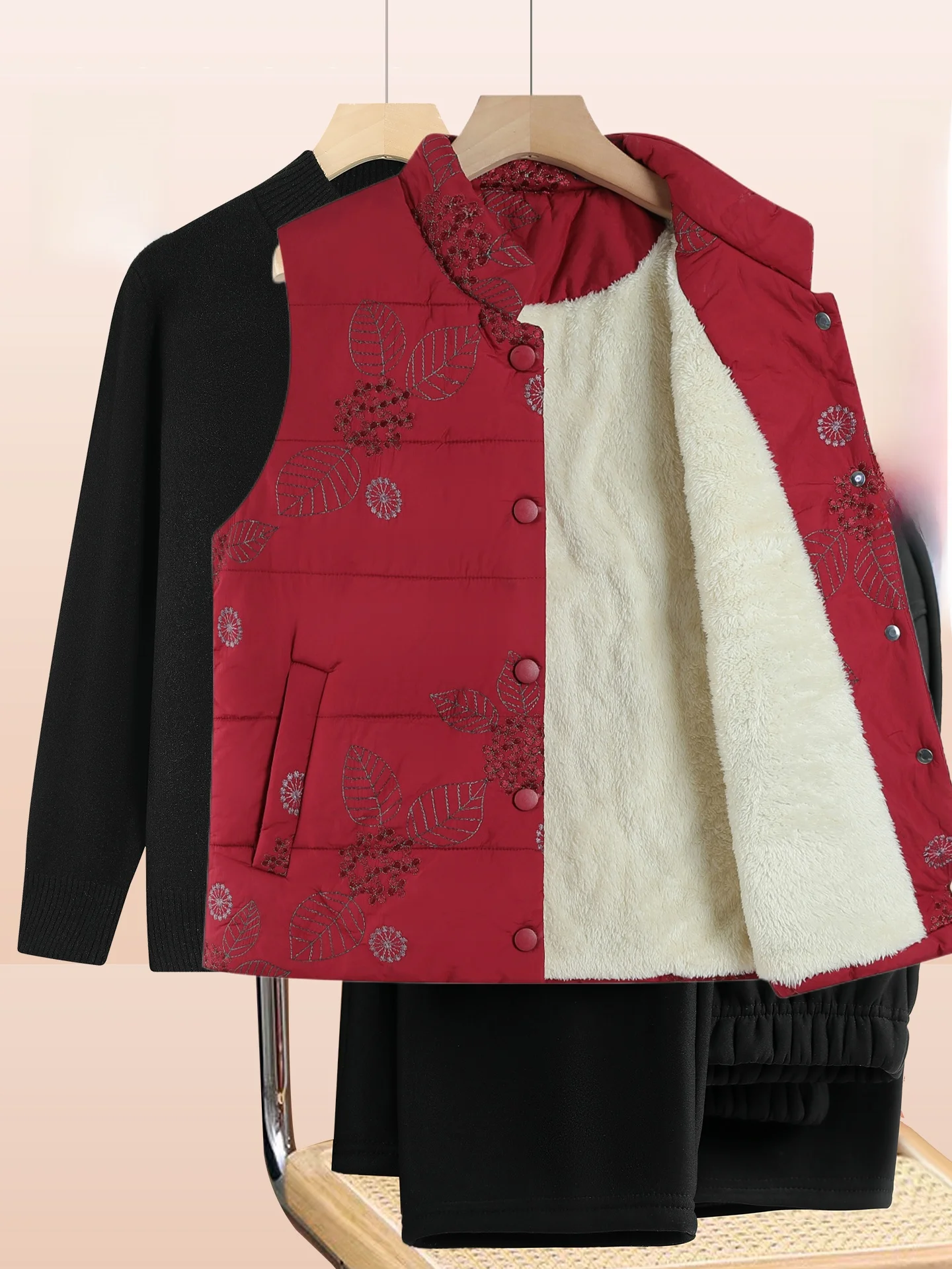 

Теплый жилет на флисовой подкладке для женщин среднего возраста, зимние модные длинные брюки свободного кроя с круглым вырезом...