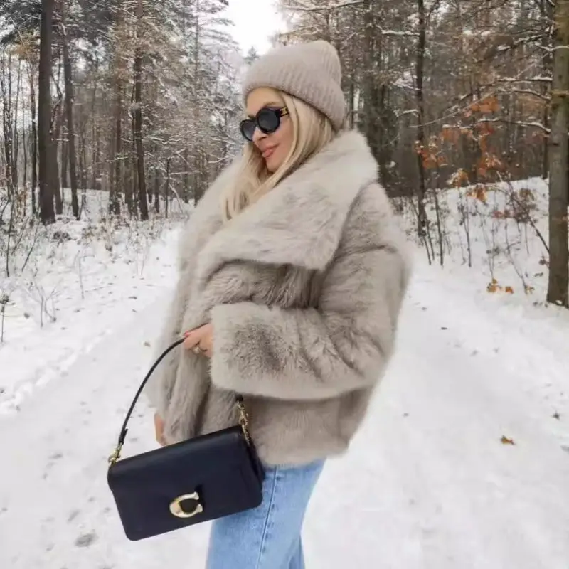 Women's Clothing Faux Fox Fur Coat Short Faux Fur Large Collar Loose Fashion Plus Size Autumn Winter New Fluffy Jacket Warm Tops - Image 4