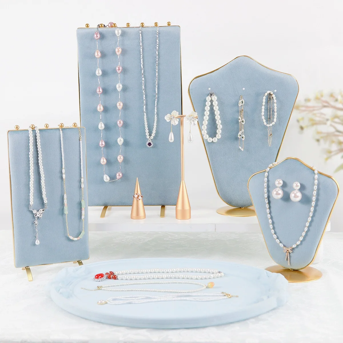 

Light Blue Velvet Jewelry Display Stand Set Gold Metal Frame Necklace Earring Bust Display Holder Tray Ring Stud Earring Jewelry