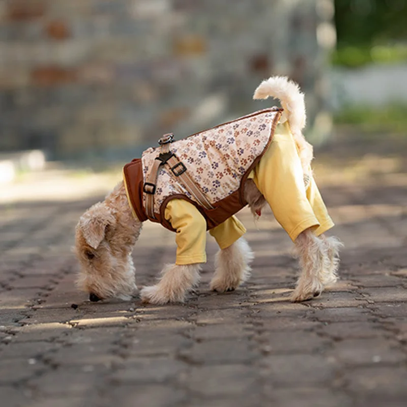 Winter Dog Jacket with Harness Water Repellent Thicken Windproof Vest for Small Dogs Paw Printing Reflective Warm Dog Clothes
