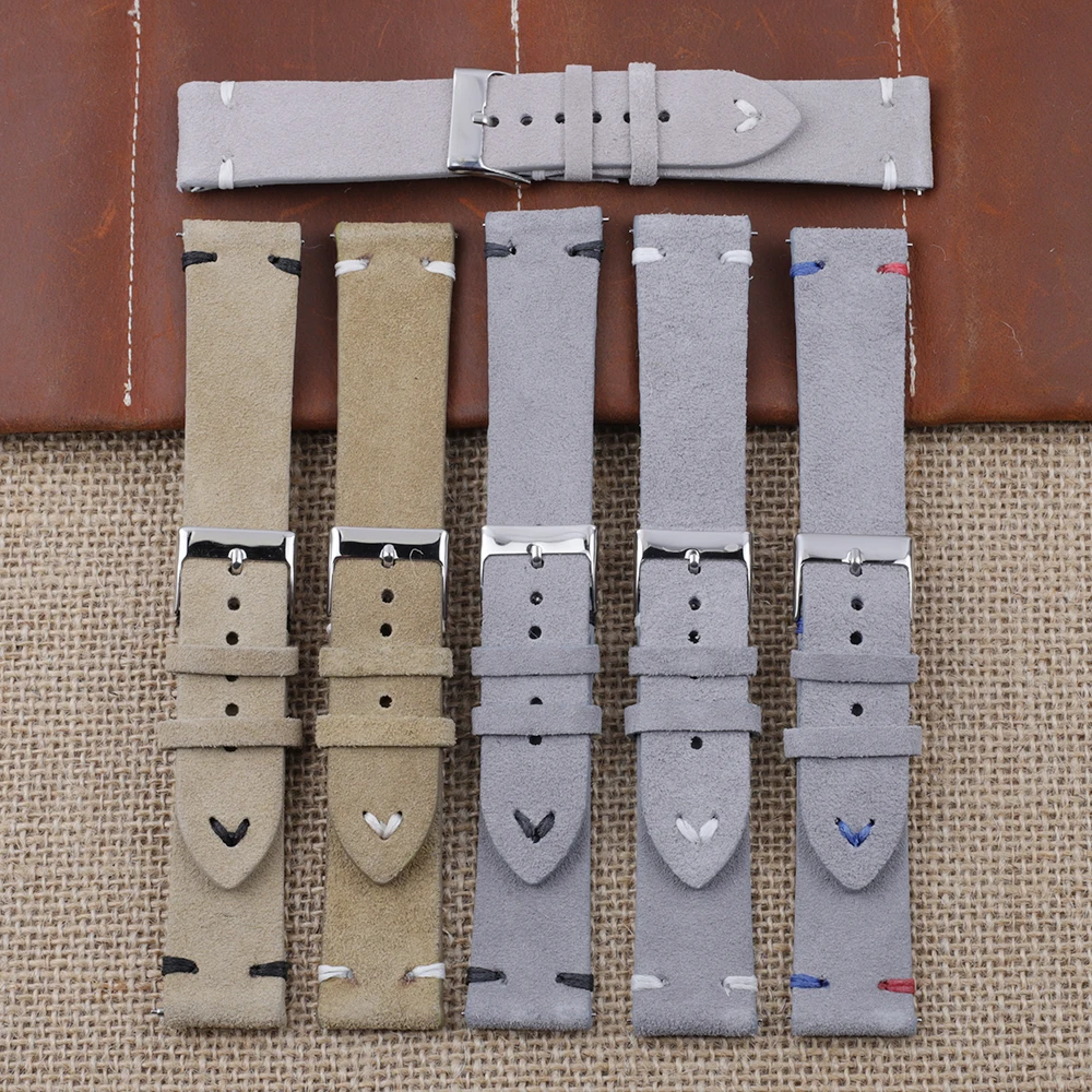 Onthelevel Handmade Multiple Colors Suede Leather Watch Strap 18mm 20mm 22mm Stainless Steel Buckle With White Black Stitching