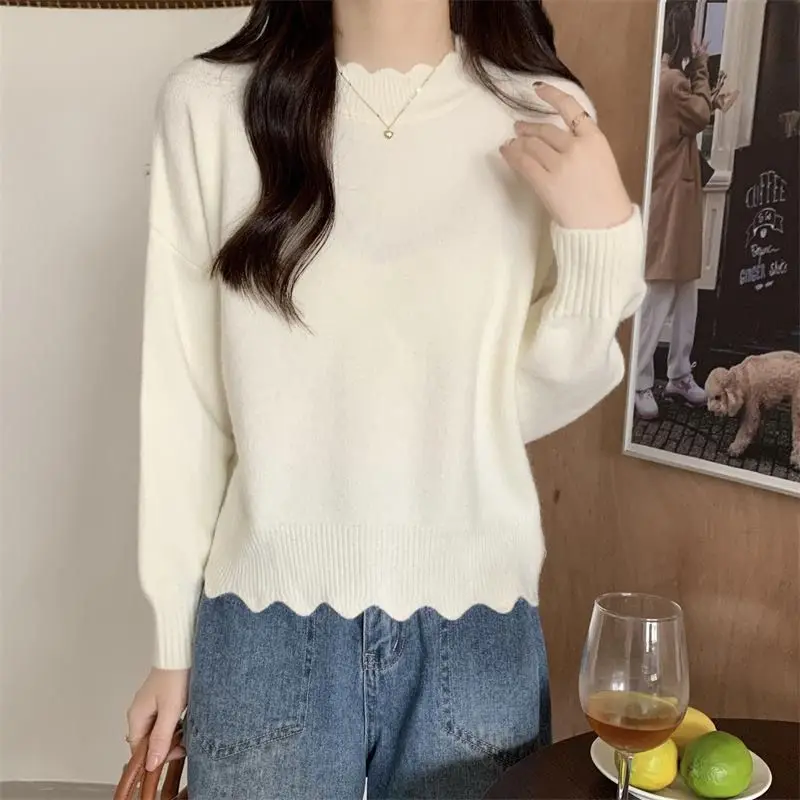 Basic Half High Collar Sweaters Female Clothing Fashion Wave Cut Autumn Winter Solid Color Gentle Long Sleeve Knitted Jumpers