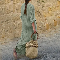 Womens Cotton Linen Dress Plus Size Loose Long Sleeve Summer Striped Wear Women Oversize Long Maxi Boho Dresses Vestidos 2024