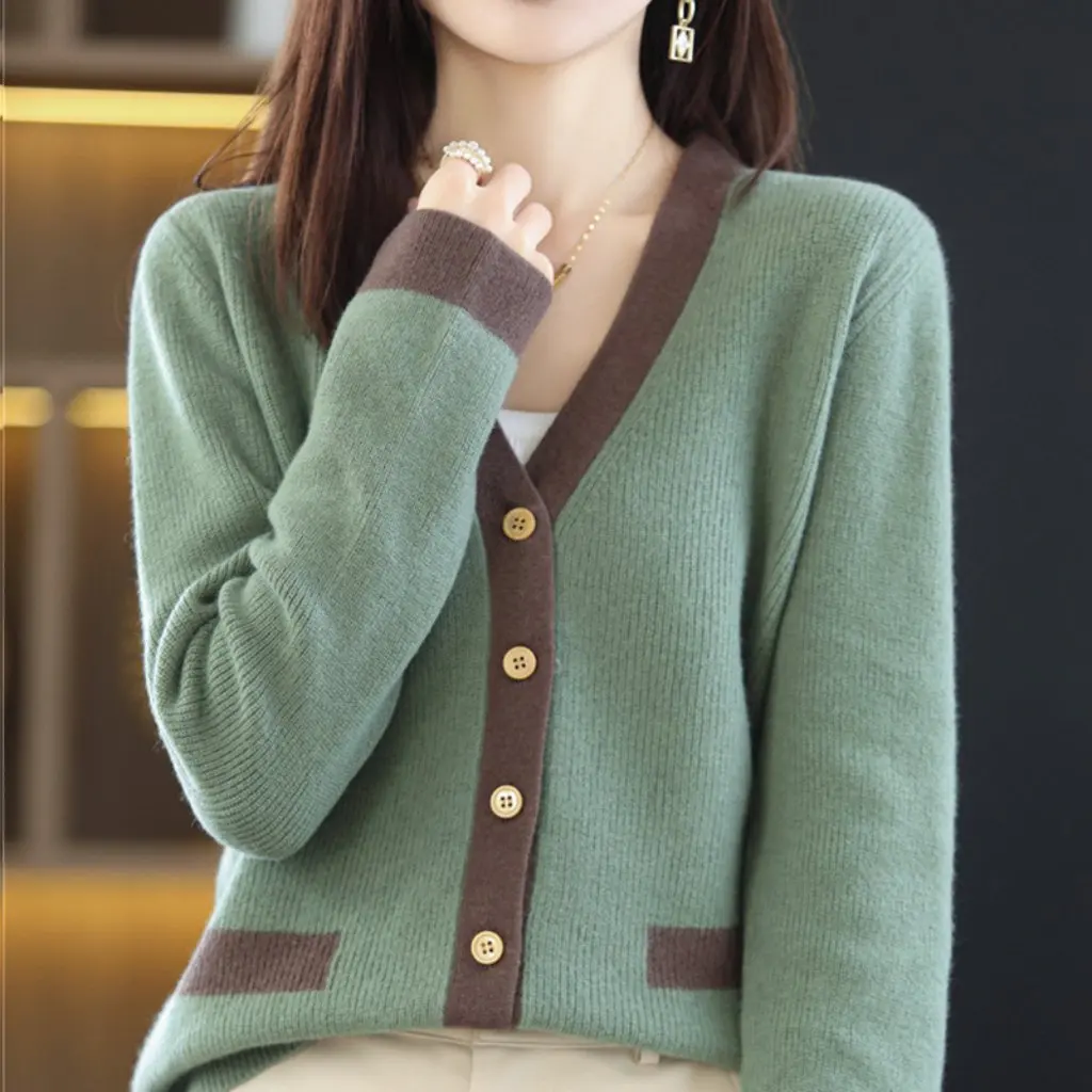 

Color Block Woolen Open Cardigan Casual Lazy Style Knitted Jacket Trendy Youthful V-Neck Outerwear Sweater Top For Women