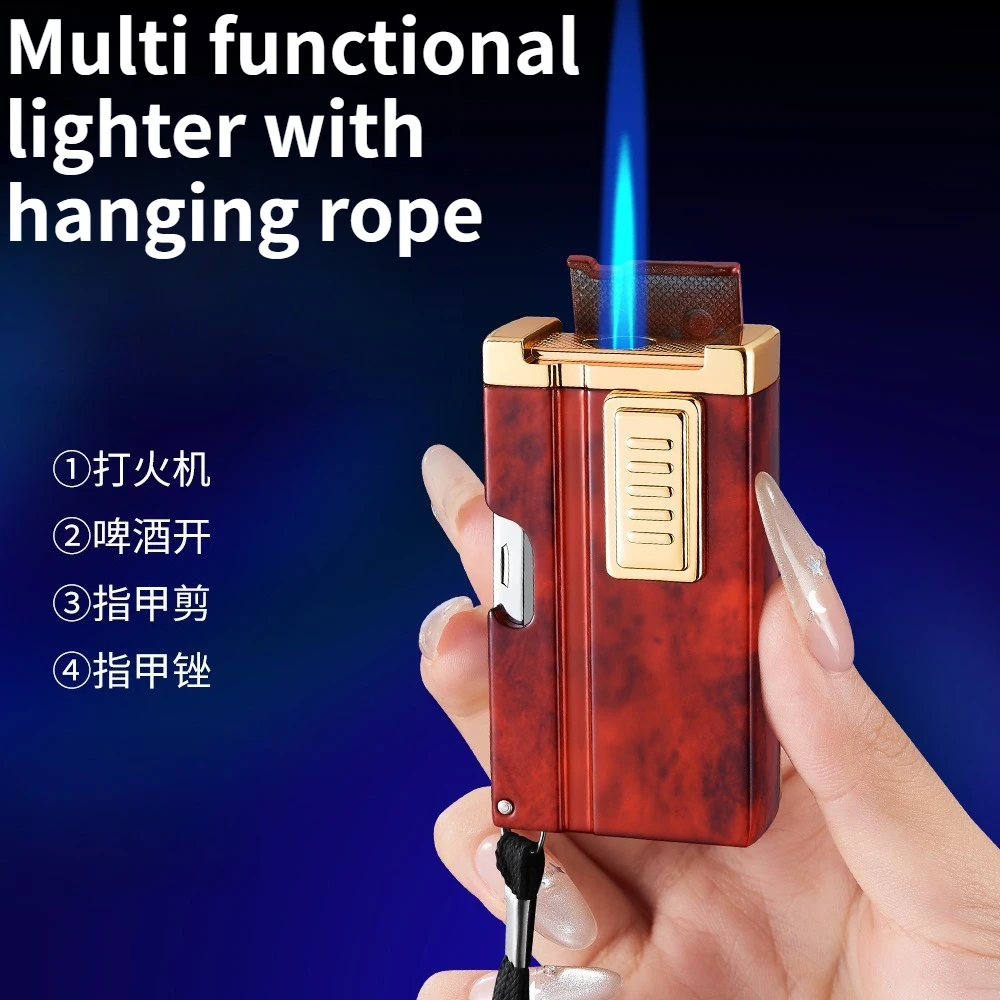 

New Multifunctional Straight Blue Flame Lighter with Nail Clipper and Bottle Opener High-end Lighter Gift