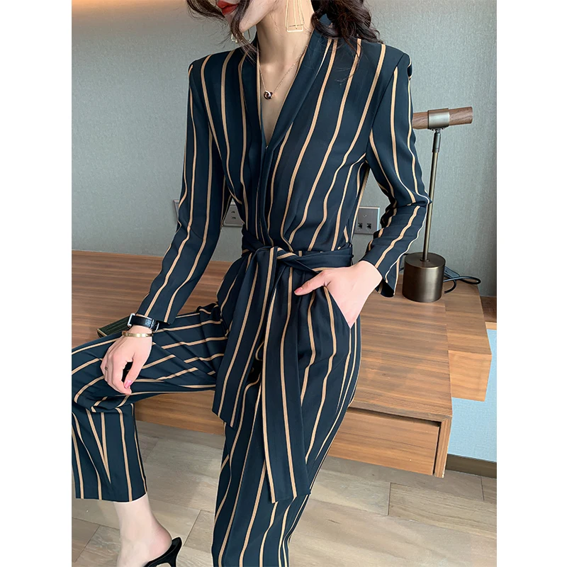 

KARFELY High Waist Stripe One-Piece Dr with Belt Long Sve V-Ne Pullover Autumn Thin Acetate Fabric Nine-Piece Pants