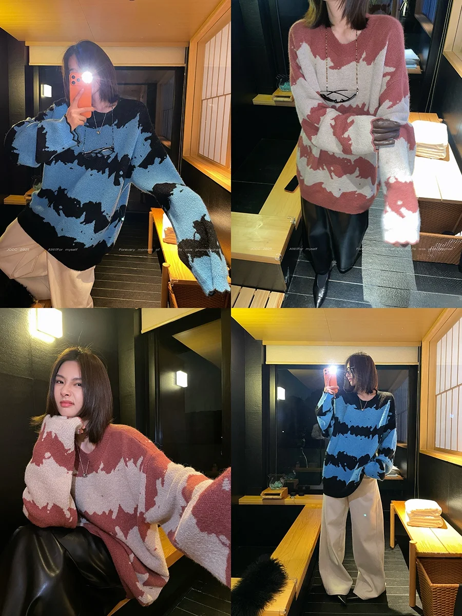 

JCCC adow Color Blo Knitted round Ne Pullover Wool Blend Long Sve Wave Pattern Vintage Sle Women's Faion Sweater