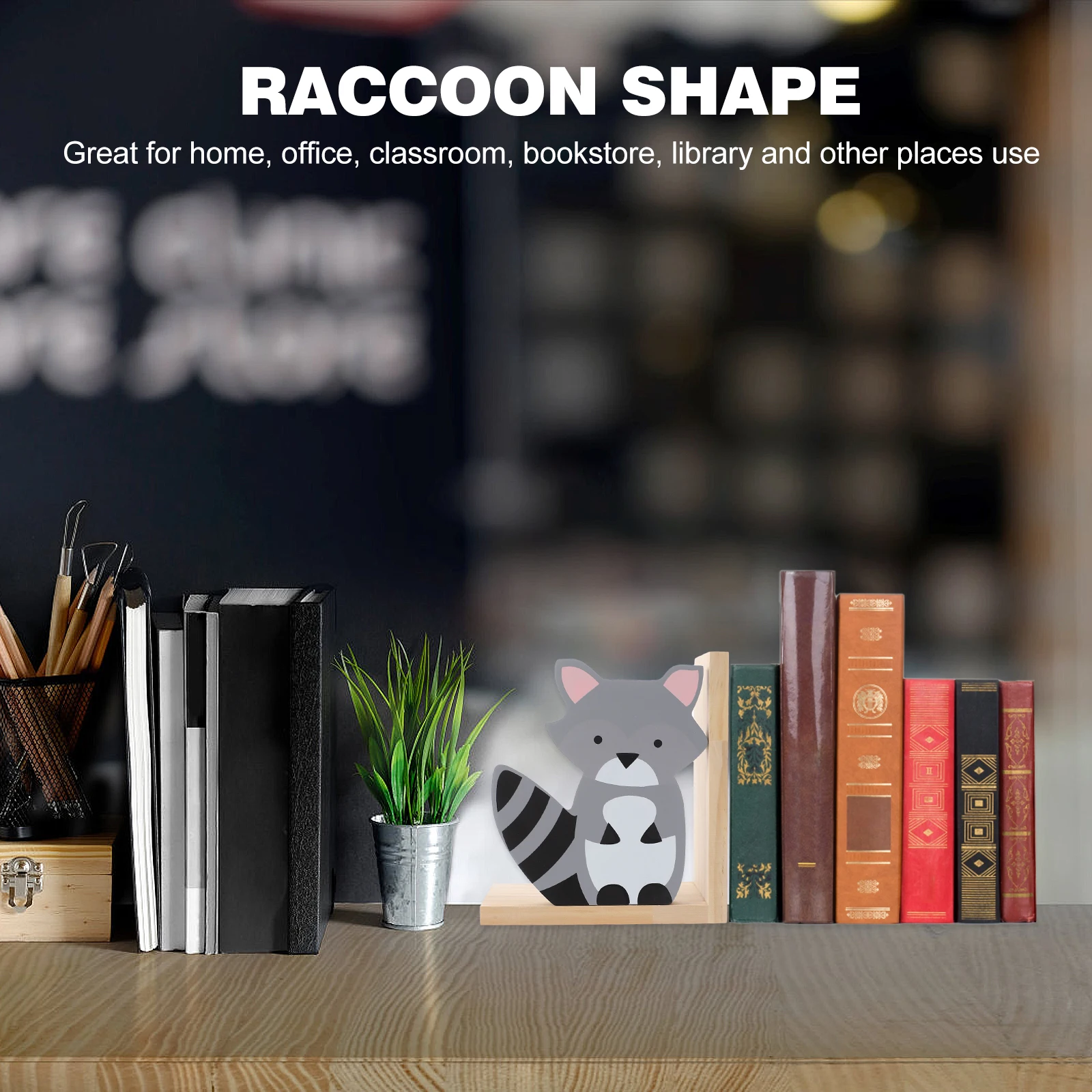 

Wooden Bookend Desktop Organizer Cartoon Raccoon Shape Premium Timber Long Use Prevent Fall Protect Scratch Home Office