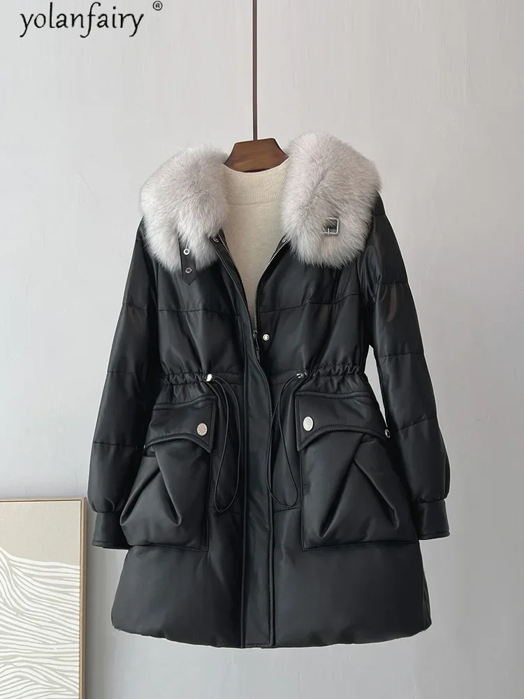 Winter neue Echt leder Daunen jacke für Frauen Frauen lose Fuchs Pelz kragen Leder Schaffell Mantel Jacken Doudoune Femme