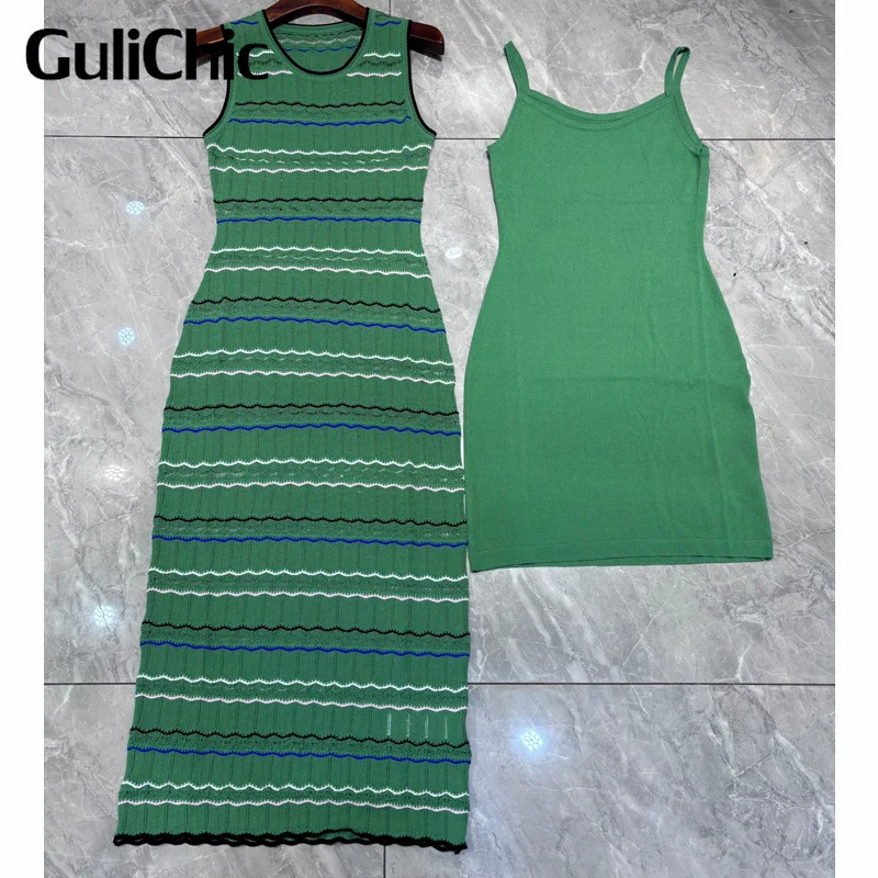 

7.25 GuliChic Lace Trim Herringbone Sleeveless Dress For Women Contrast Color Striped Green Dress 2024 O-Neck Elegant Knit Dress