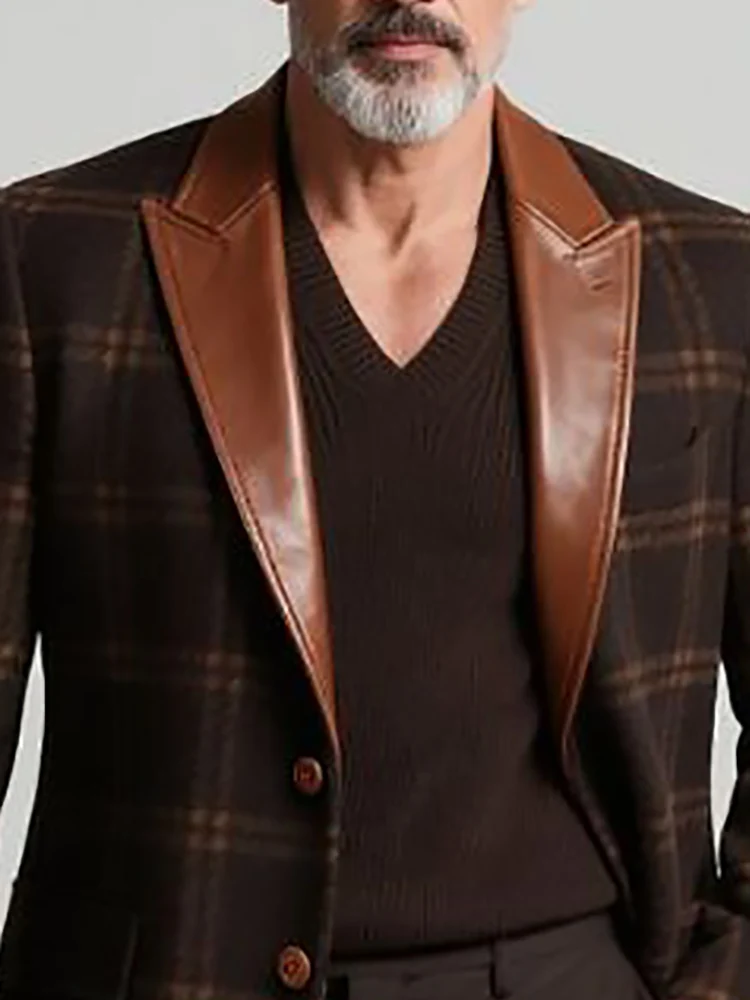 

Men's Elegant Light Luxury Suit Blazer Brown Lapel Double-Breasted Long Sleeve Plaid Pu Leather Blazer Male Business Suit Blazer