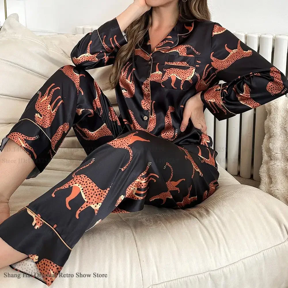 

Пижамы с картонным принтом зебры, женские пижамные комплекты из 2 предметов, брючные костюмы, одежда для дома, весна-осень, новая шелковая атласная домашняя одежда, одежда для дома