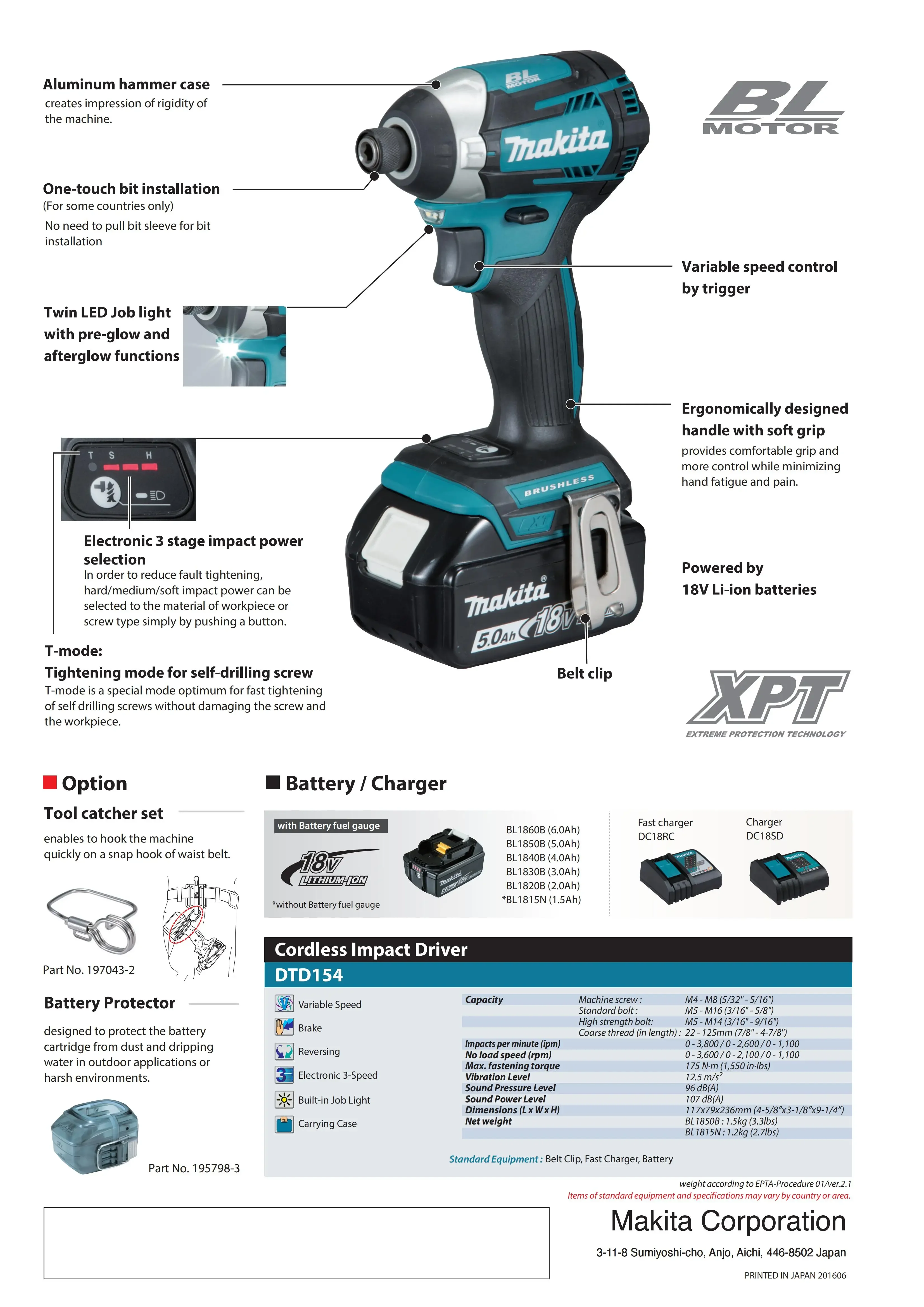 Makita DTD154Z Brushless Cordless Impact Driver LXT 18V Lithium Power Tools Electric Screwdriver 175NM