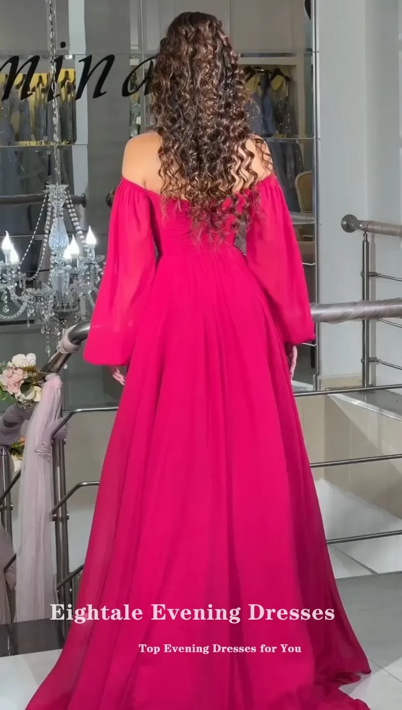 Eightale Neon Pink Evening Dress Long Puffy Sleeves Chiffon Sweetheart Customized Celebrity Prom Gown Party Dress robe de soiree